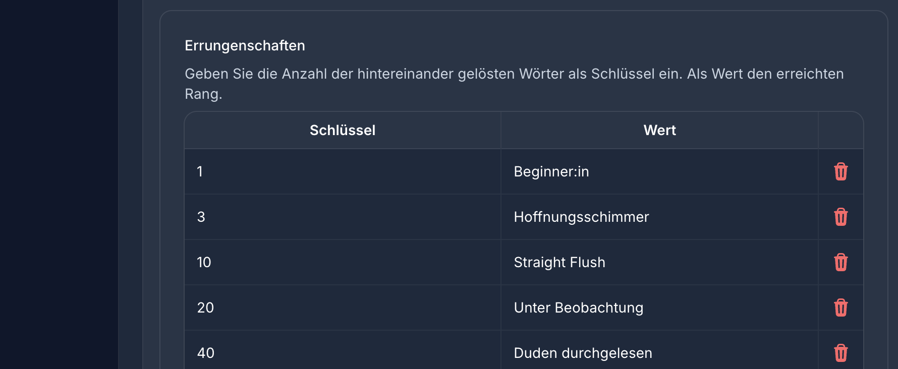 Konfiguration der Worteck-Errungenschaften: Streak-Werte und zugehörige Ränge als Key-Value-Paare
