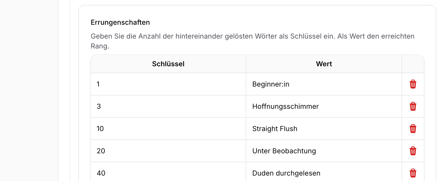 Konfiguration der Worteck-Errungenschaften: Streak-Werte und zugehörige Ränge als Key-Value-Paare