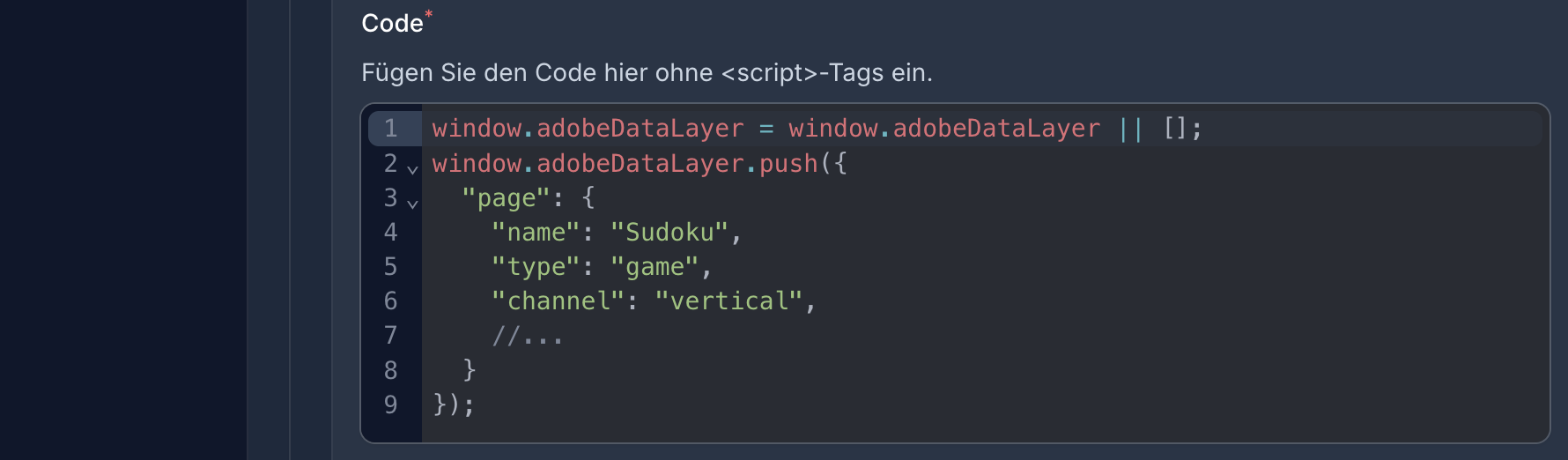 Inline-Script zur Initialisierung des Adobe Data Layers