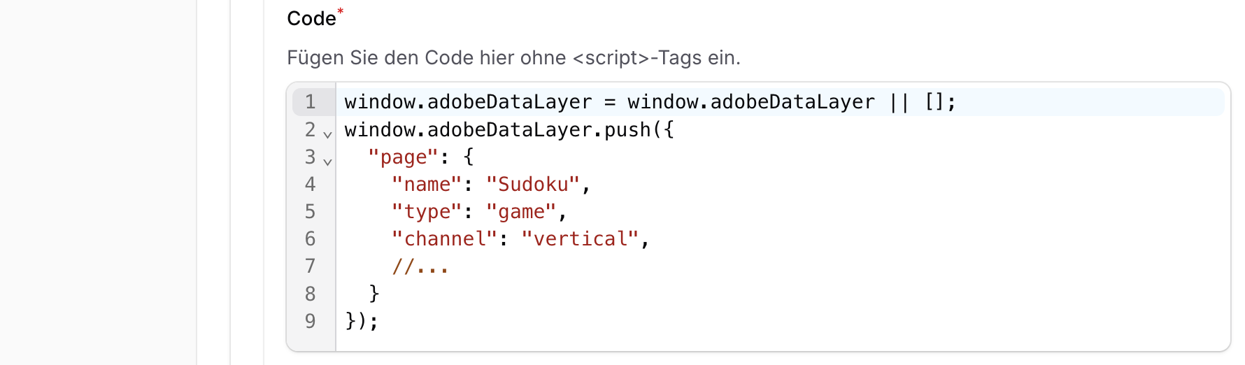 Inline-Script zur Initialisierung des Adobe Data Layers