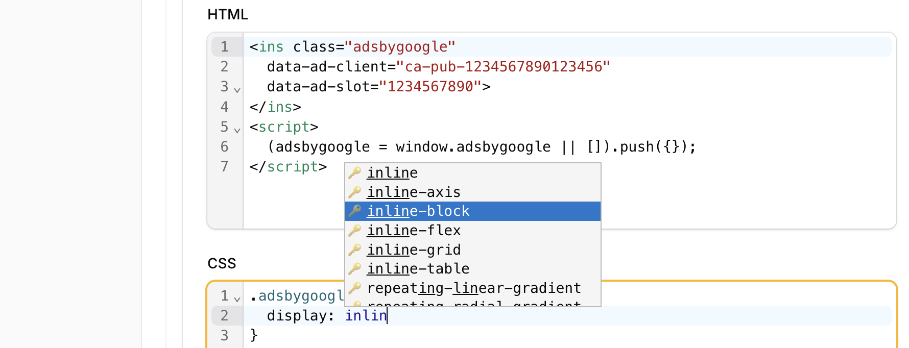 Eingabefeld für Custom CSS zur individuellen Gestaltung des Werbe-Containers
