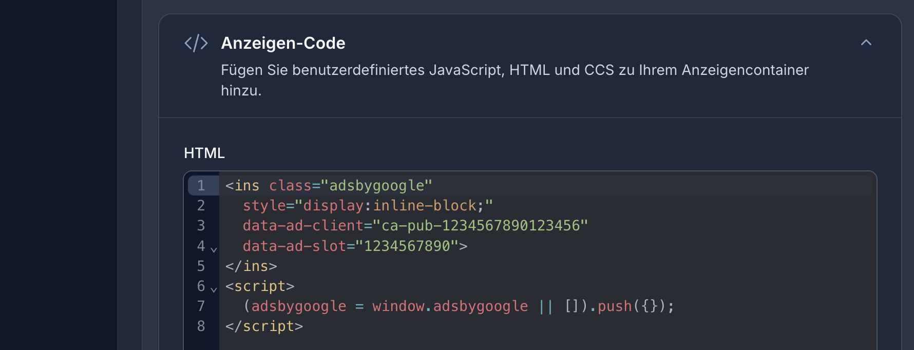 Eingabefeld für den HTML-Code eines Werbeslots