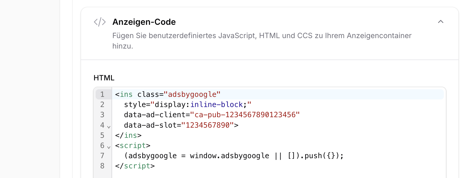 Eingabefeld für den HTML-Code eines Werbeslots