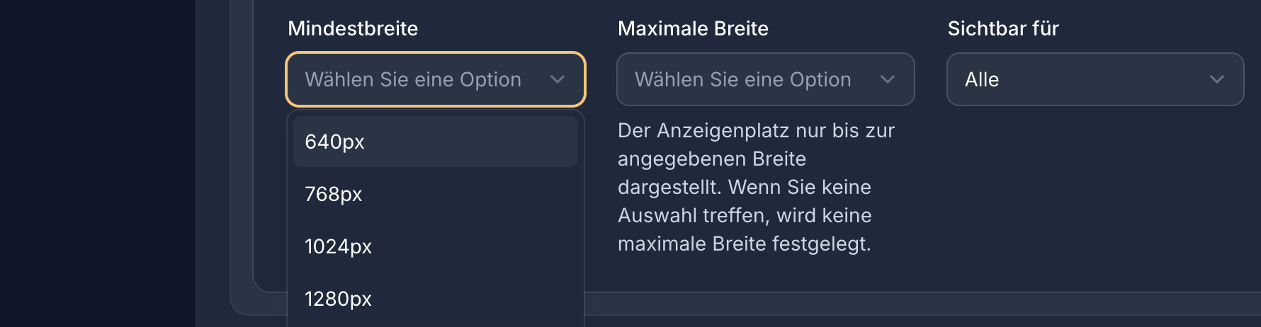 Breakpoint-Konfiguration zur Steuerung der Sichtbarkeit eines Werbeslots nach Bildschirmbreite