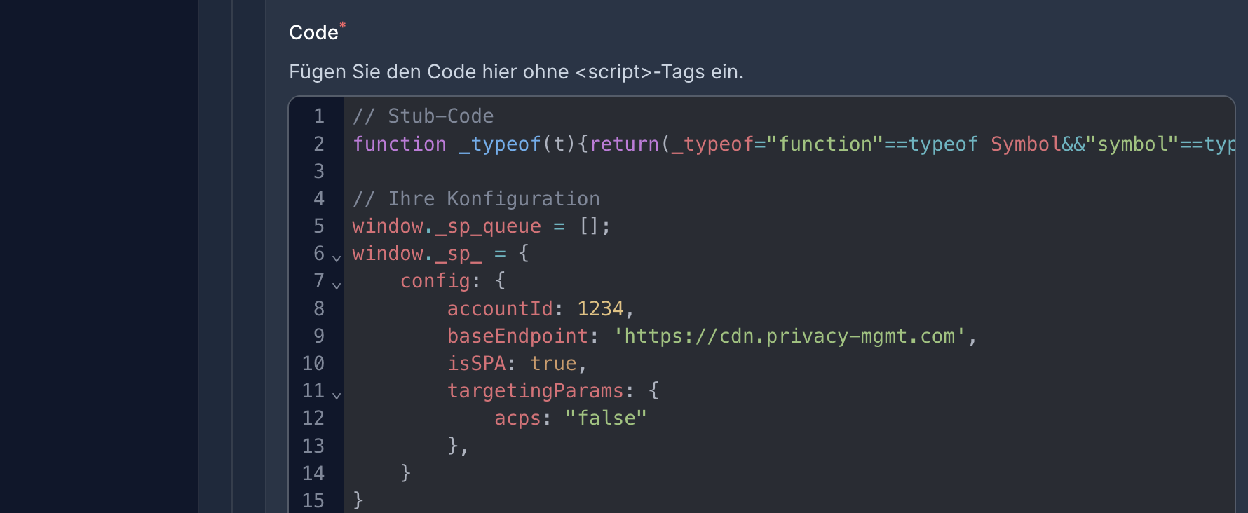 Inline-Scripts für Sourcepoint: Stub-Code und Konfiguration als separate Code-Blöcke
