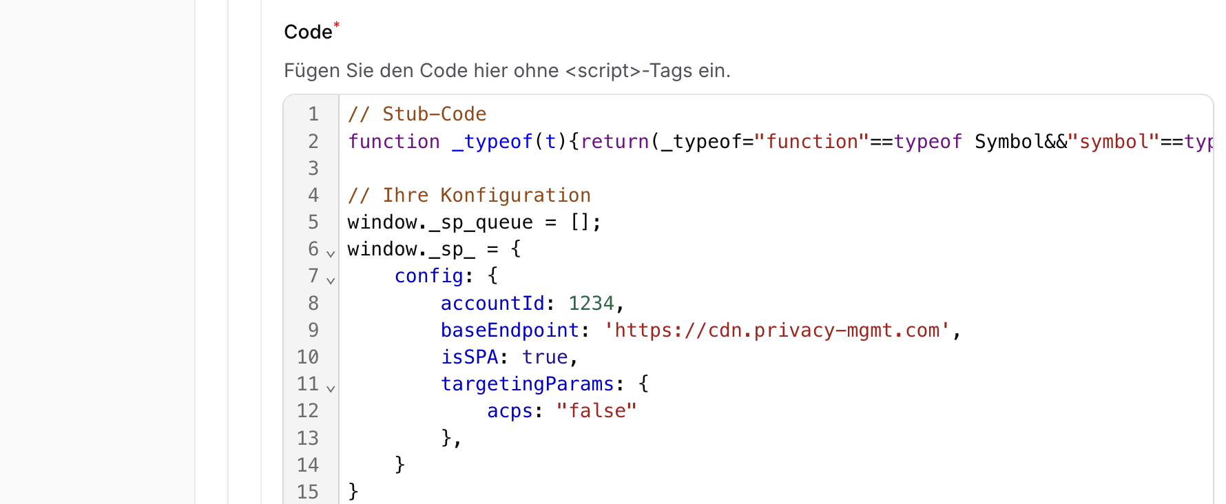 Inline-Scripts für Sourcepoint: Stub-Code und Konfiguration als separate Code-Blöcke