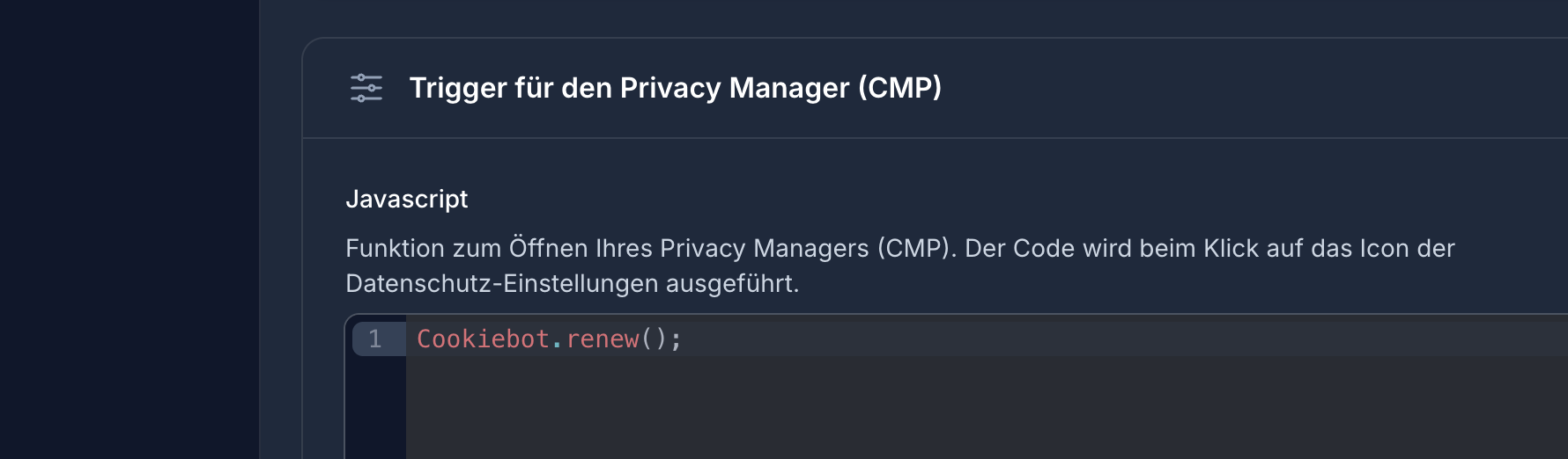 Eingabefeld für den JavaScript-Aufruf zum Öffnen des CMP-Layers