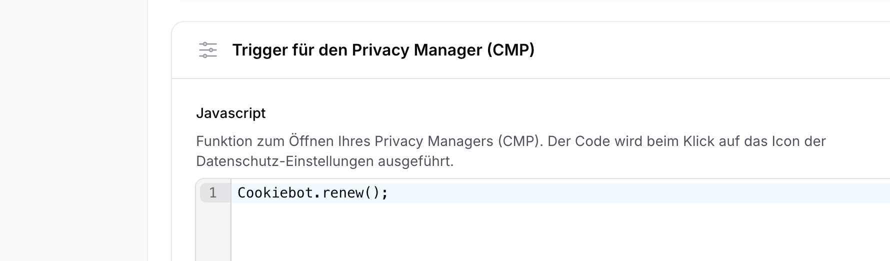 Eingabefeld für den JavaScript-Aufruf zum Öffnen des CMP-Layers
