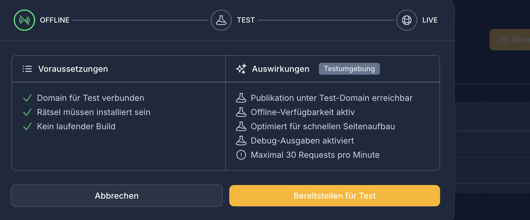 Bereitstellungsübersicht mit den Stufen von Offline über Test bis Live