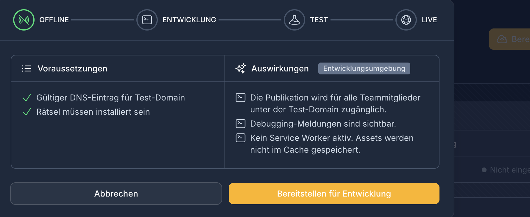 Bereitstellungsübersicht mit den Entwicklungsstufen von Offline bis Live