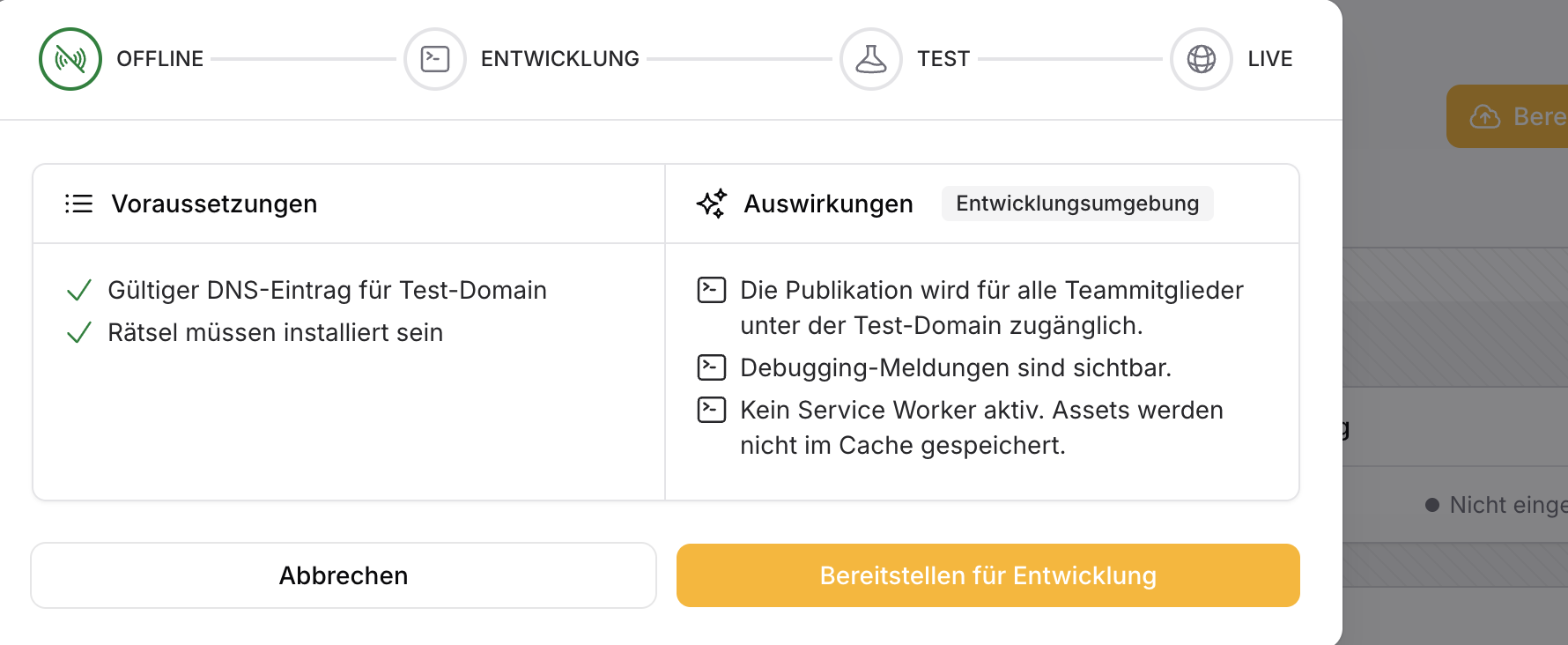 Bereitstellungsübersicht mit den Entwicklungsstufen von Offline bis Live