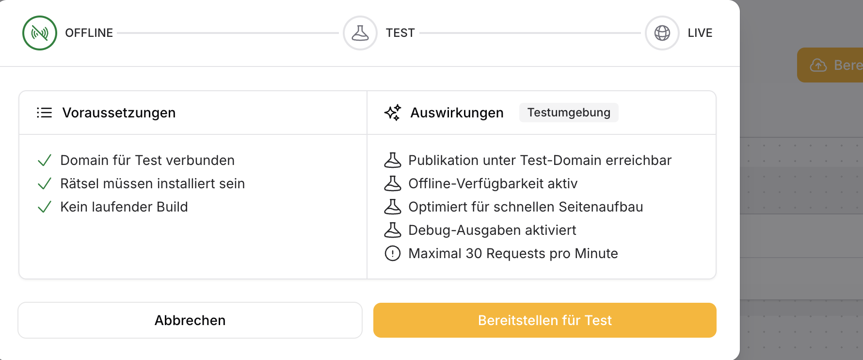 Bereitstellungsübersicht mit den Stufen von Offline über Test bis Live