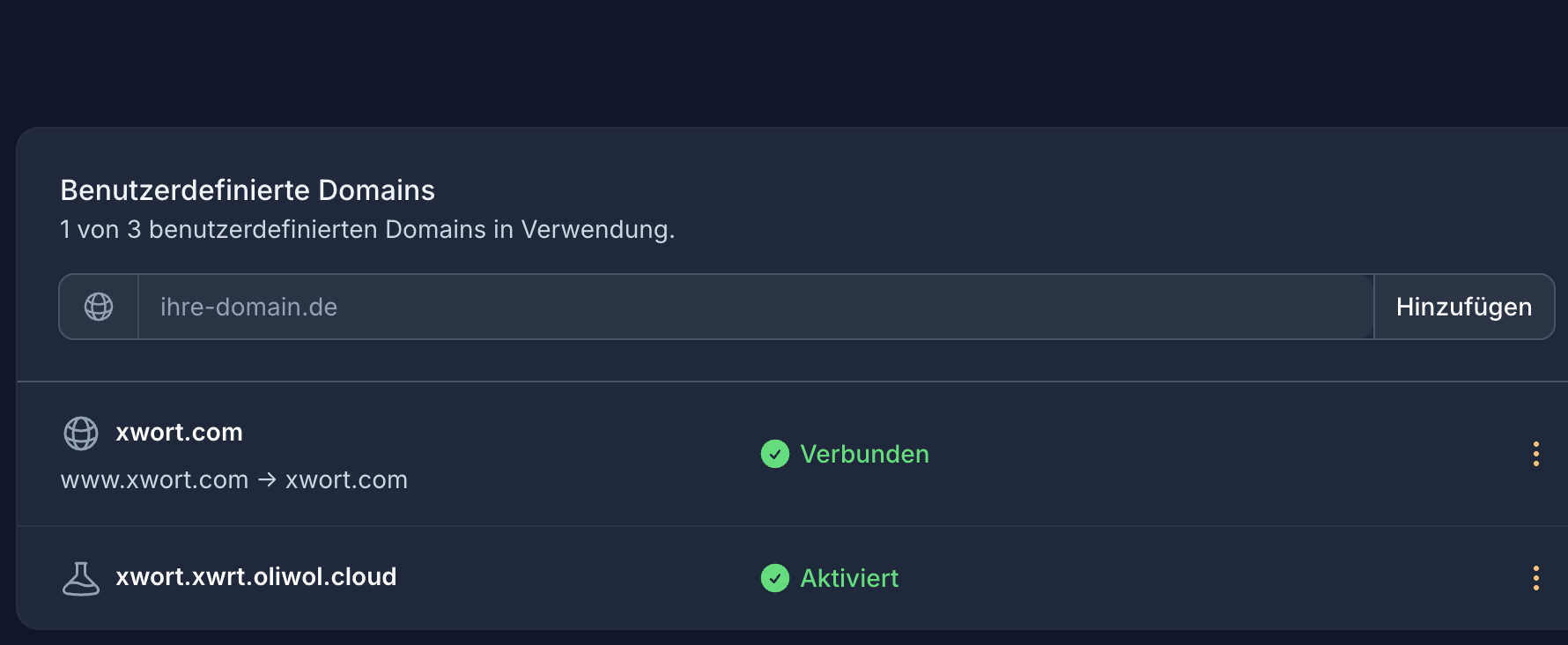 Domain-Verwaltung mit Cloud-Domain und eigener Domain inkl. Verifizierungsstatus