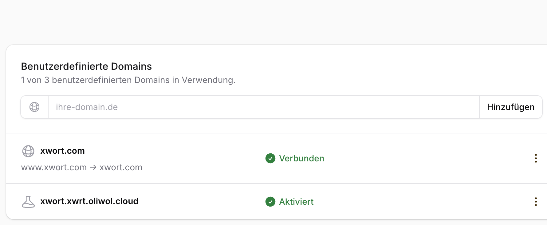 Domain-Verwaltung mit Cloud-Domain und eigener Domain inkl. Verifizierungsstatus