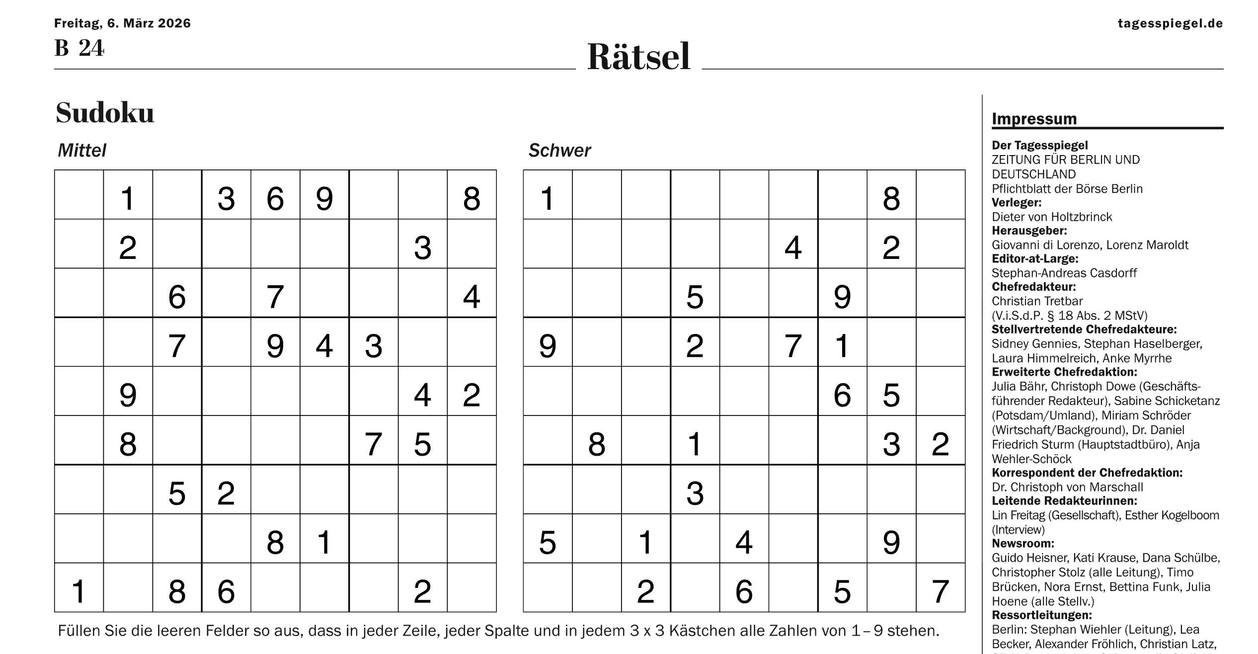 Beispiel eines exportierten Rätsels in einer Zeitung und im E-Paper