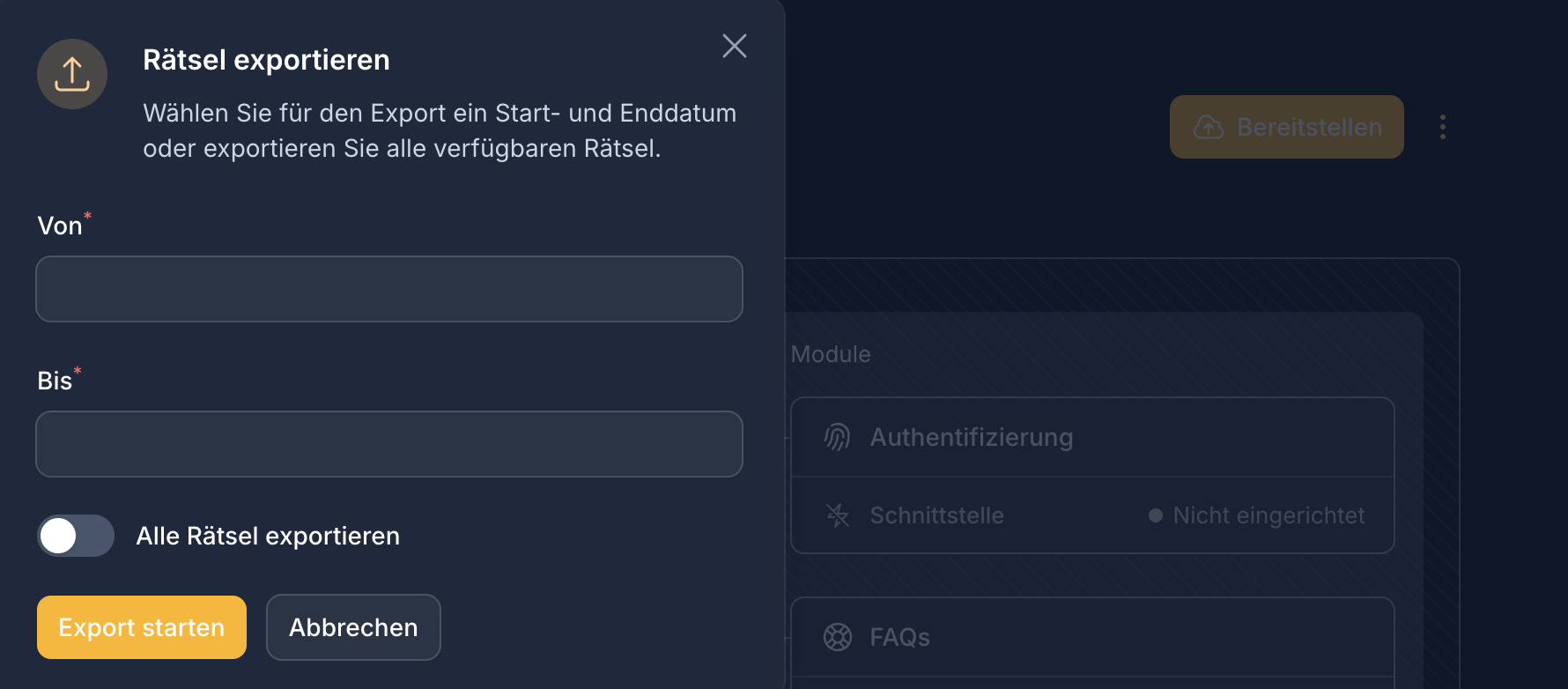 Dialog zur Auswahl des Exportzeitraums mit Start- und Enddatum