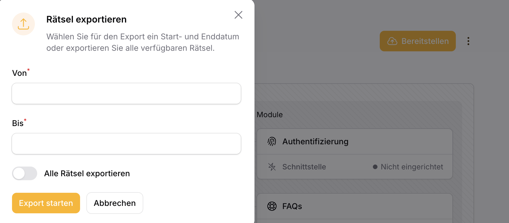 Dialog zur Auswahl des Exportzeitraums mit Start- und Enddatum