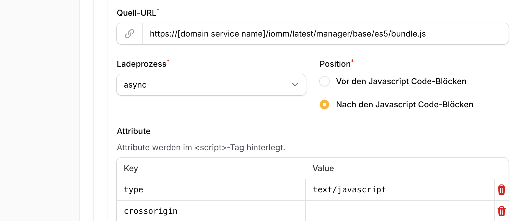 Externes Script für die IVW bundle.js mit async-Lademethode, positioniert nach dem Inline-Script