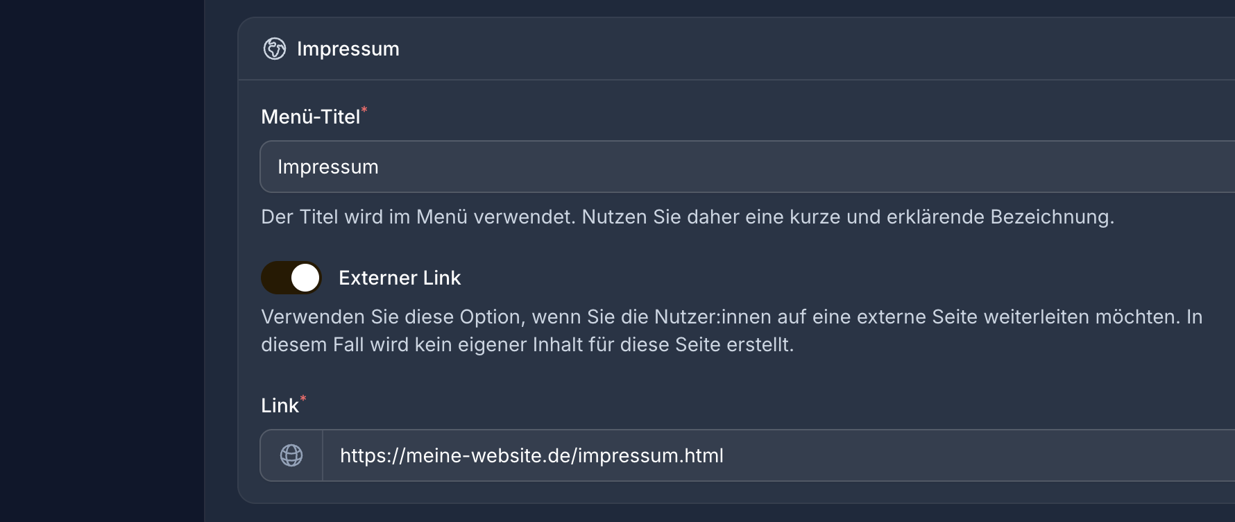Option zur Konfiguration einer Seite als externen Link auf eine bestehende Website