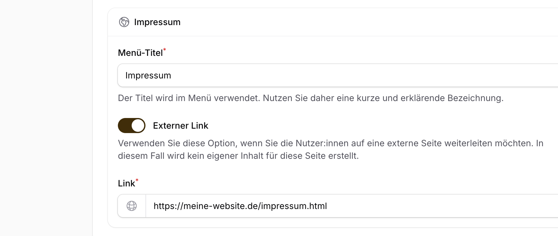 Option zur Konfiguration einer Seite als externen Link auf eine bestehende Website