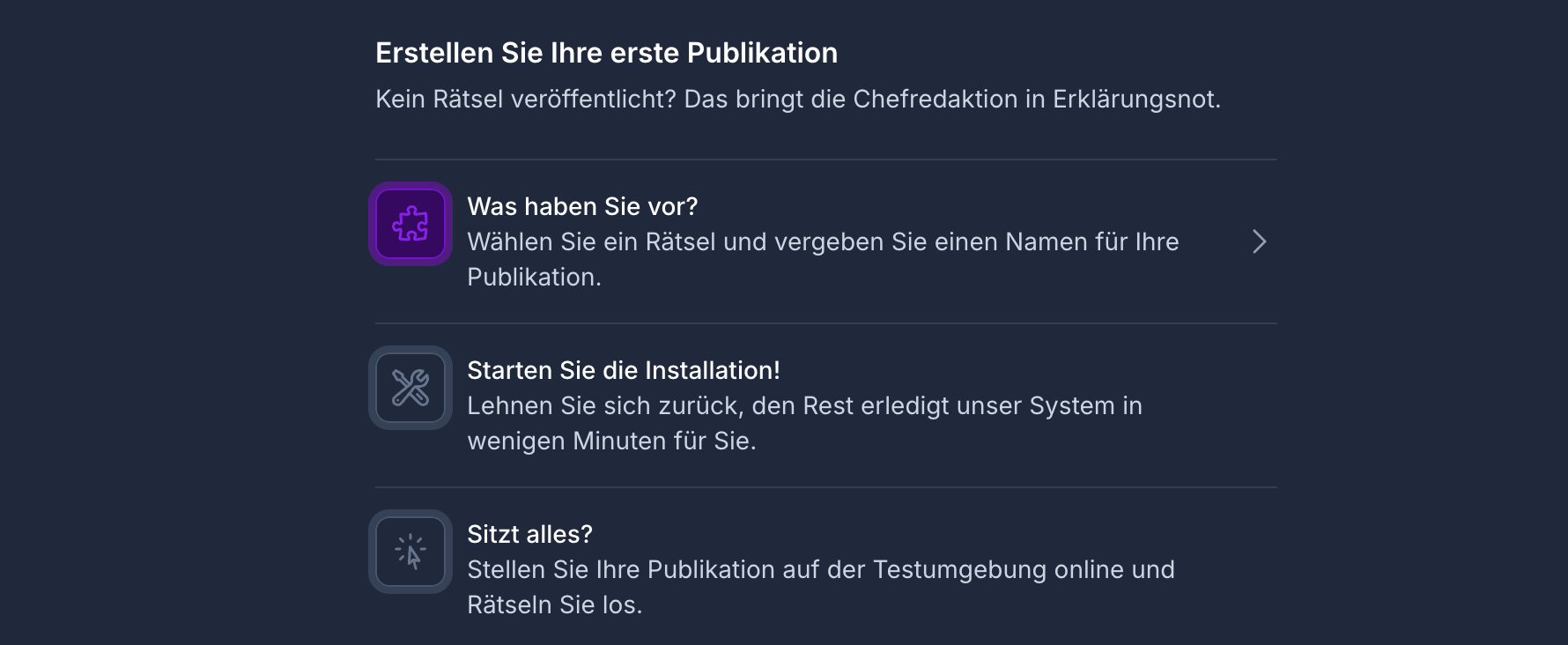 Onboarding-Assistent auf dem Dashboard zum Erstellen einer neuen Publikation