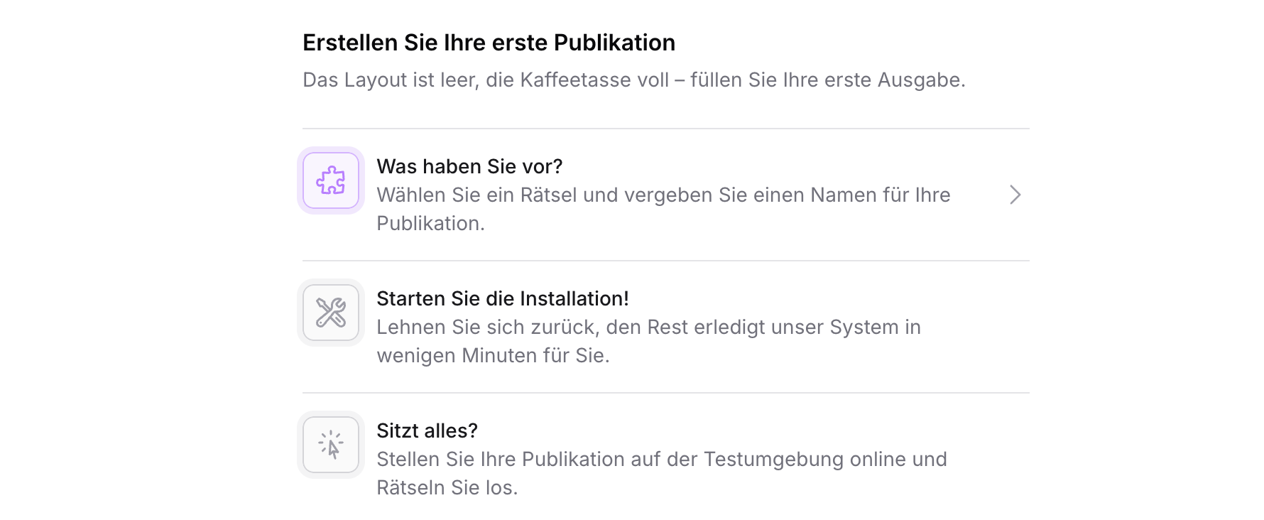 Onboarding-Assistent auf dem Dashboard zum Erstellen einer neuen Publikation