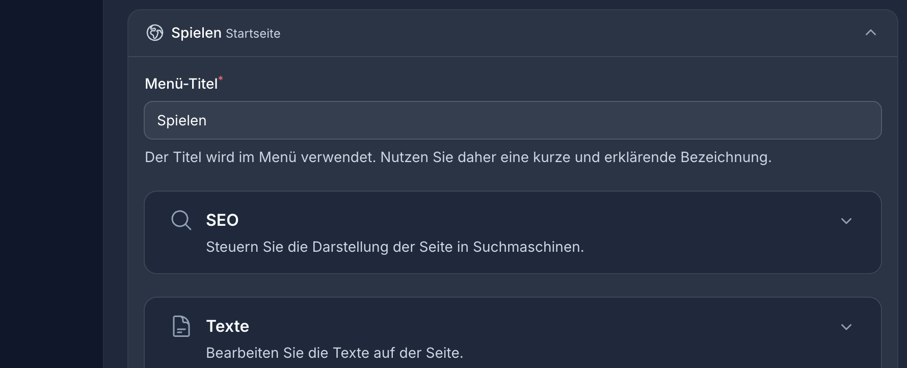 Bearbeitungsmaske einer Seite mit Menütitel, SEO-Einstellungen und Texteditor