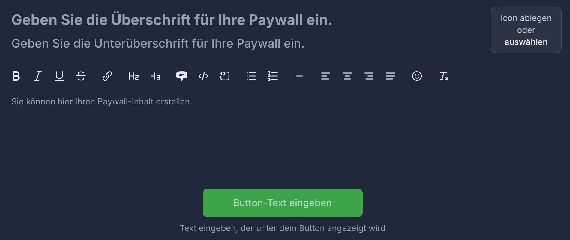 Interner Paywall-Editor mit Feldern für Überschrift, Text, CTA-Button und Icon