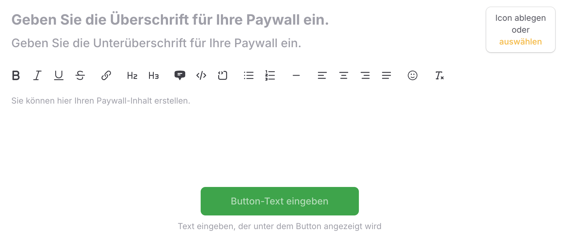 Interner Paywall-Editor mit Feldern für Überschrift, Text, CTA-Button und Icon