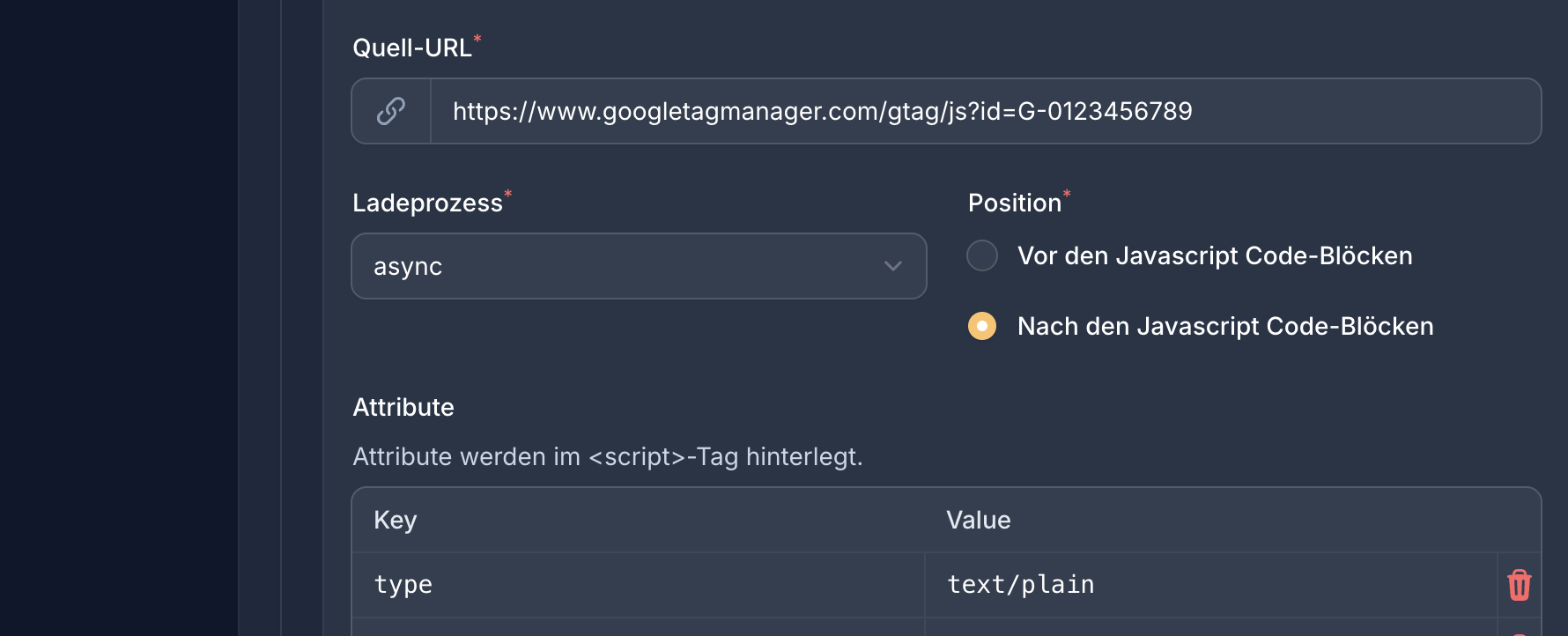 Konfiguration eines externen Scripts mit Source, Lademethode, Position und Attributen