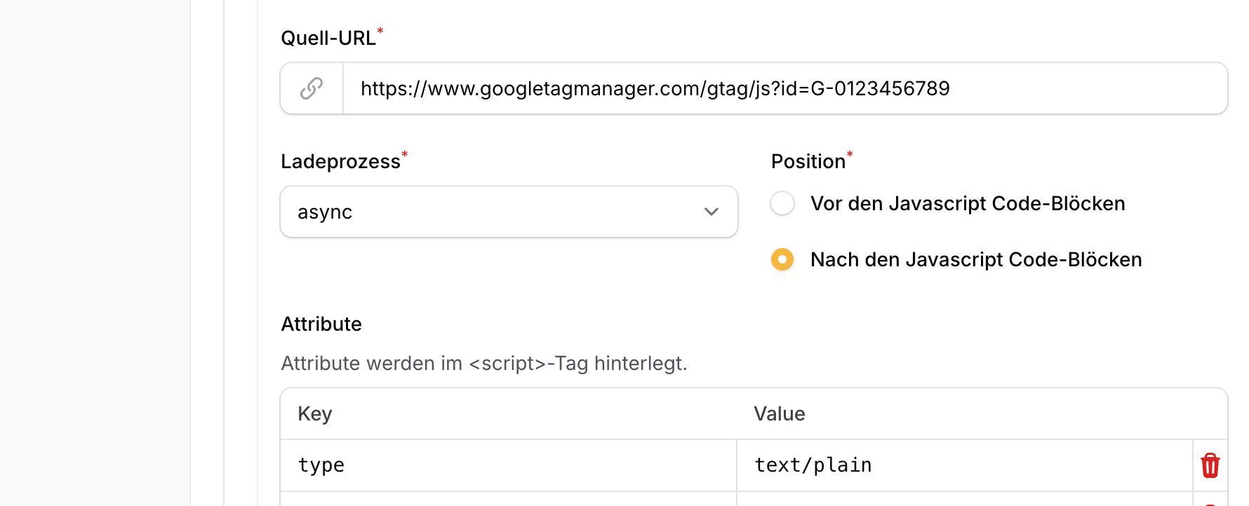 Konfiguration eines externen Scripts mit Source, Lademethode, Position und Attributen