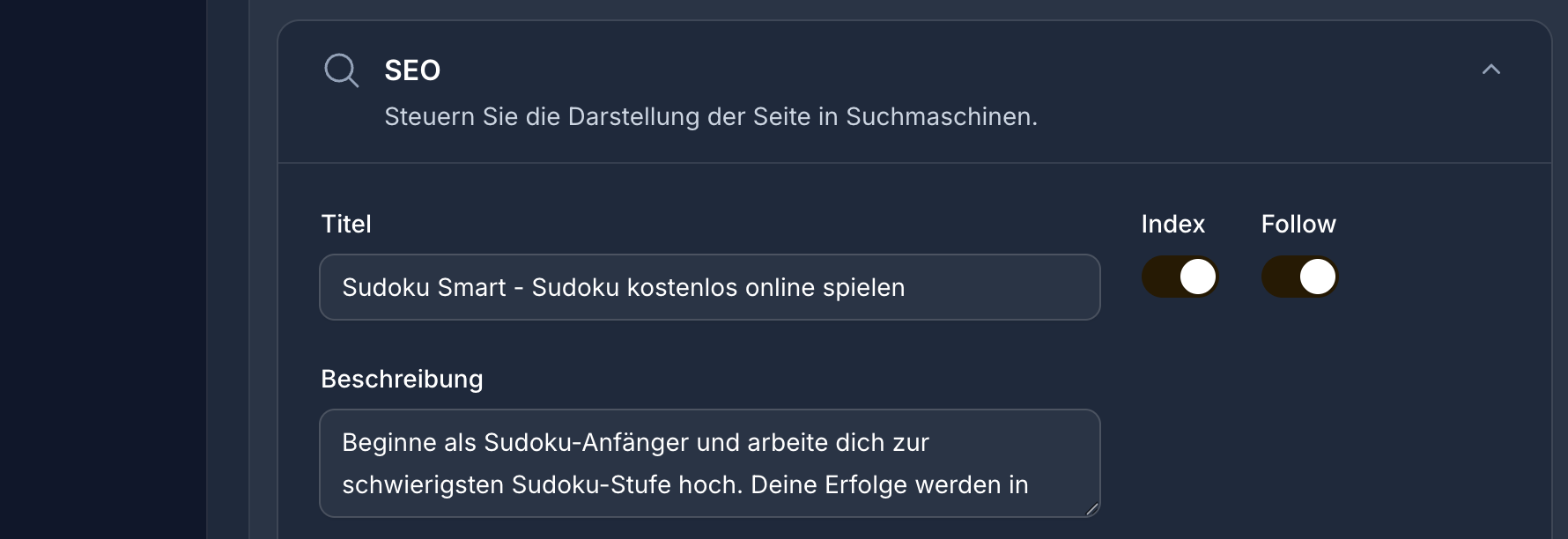 Eingabefelder für SEO-Title, Description und Robots-Einstellungen einer Seite