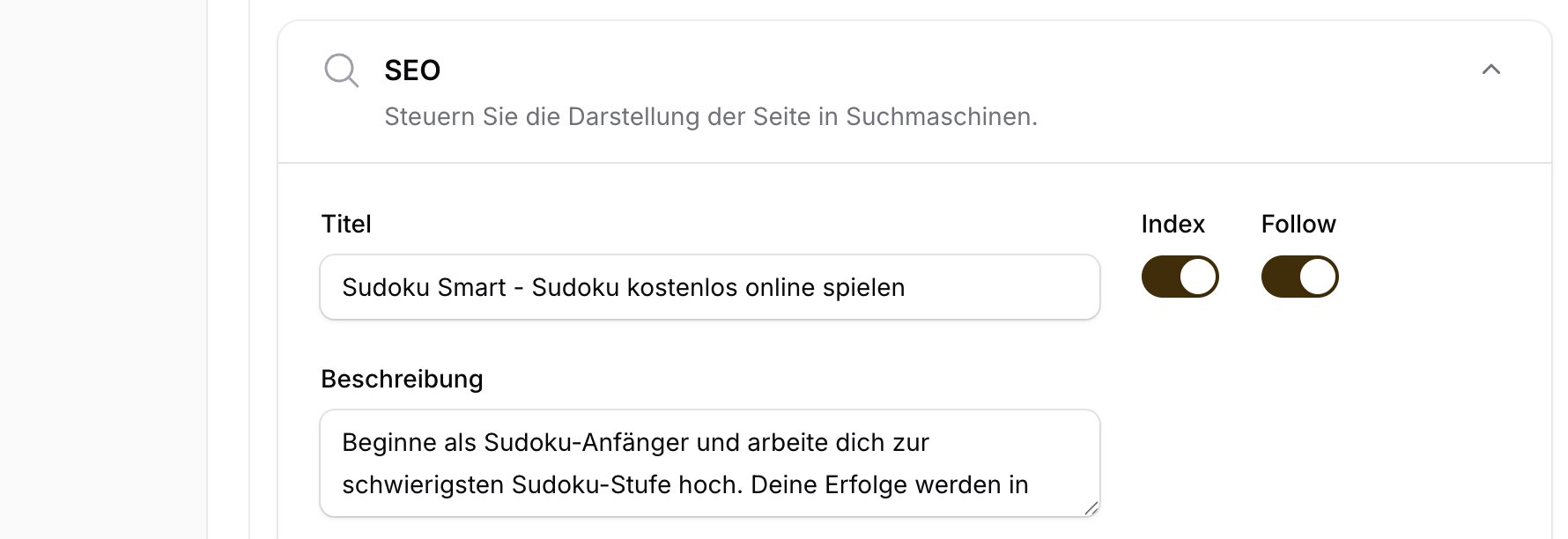 Eingabefelder für SEO-Title, Description und Robots-Einstellungen einer Seite