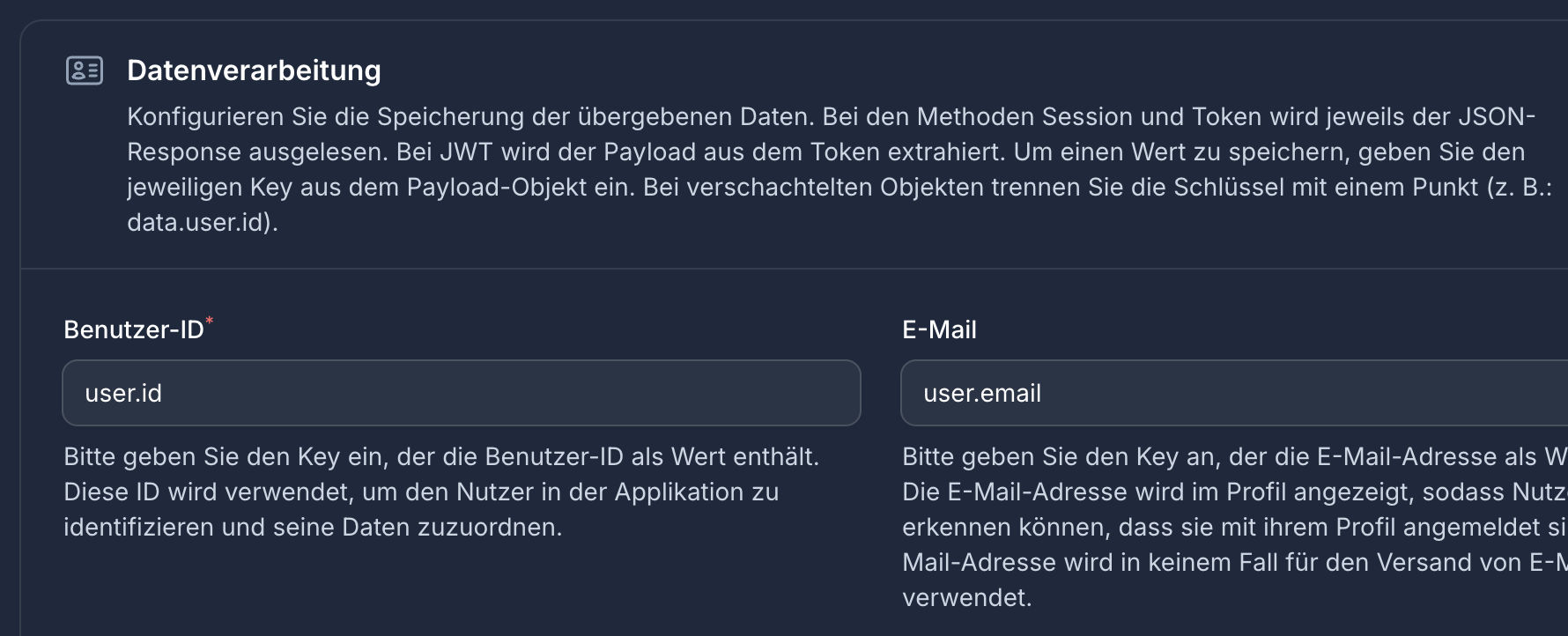 Konfiguration der Payload-Keys für User-ID, E-Mail und Zustand aus dem SSO-Response
