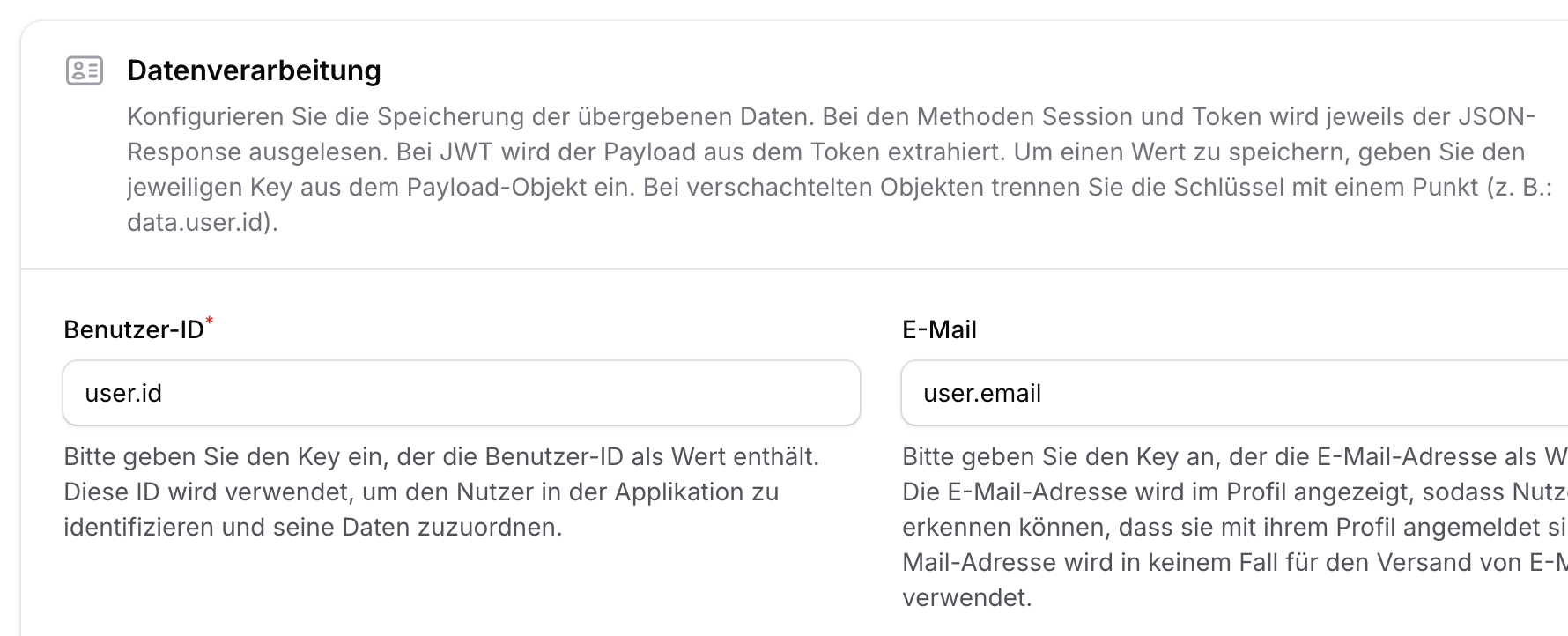 Konfiguration der Payload-Keys für User-ID, E-Mail und Zustand aus dem SSO-Response