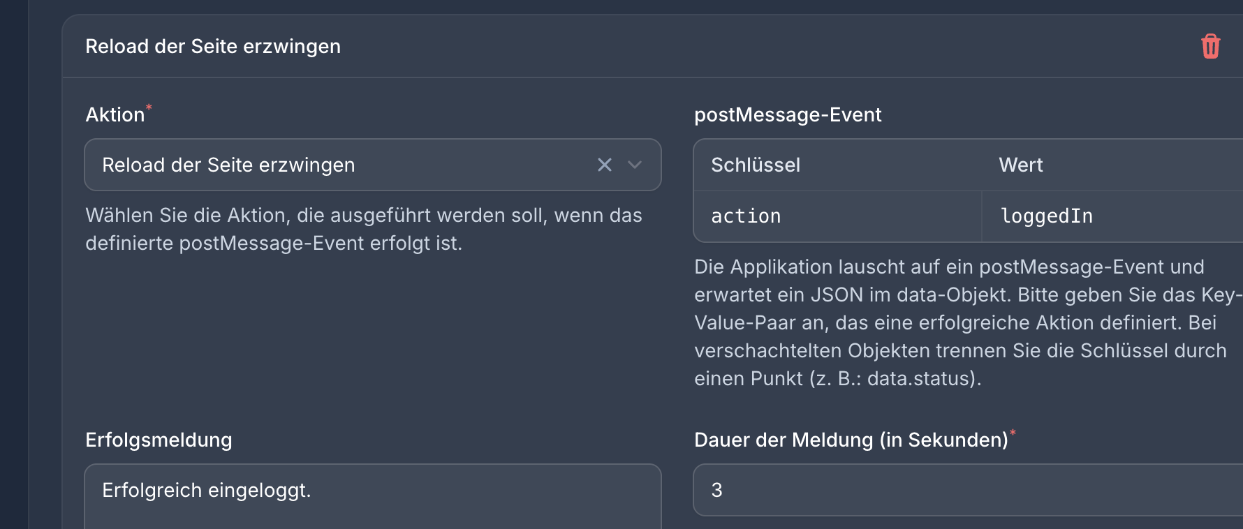 Konfiguration einer iframe-Aktion mit Key-Value-Pair, Nachricht und Anzeigedauer