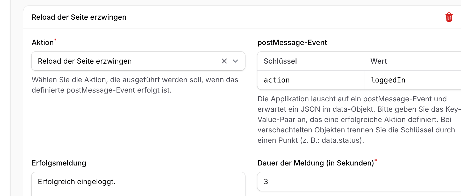 Konfiguration einer iframe-Aktion mit Key-Value-Pair, Nachricht und Anzeigedauer