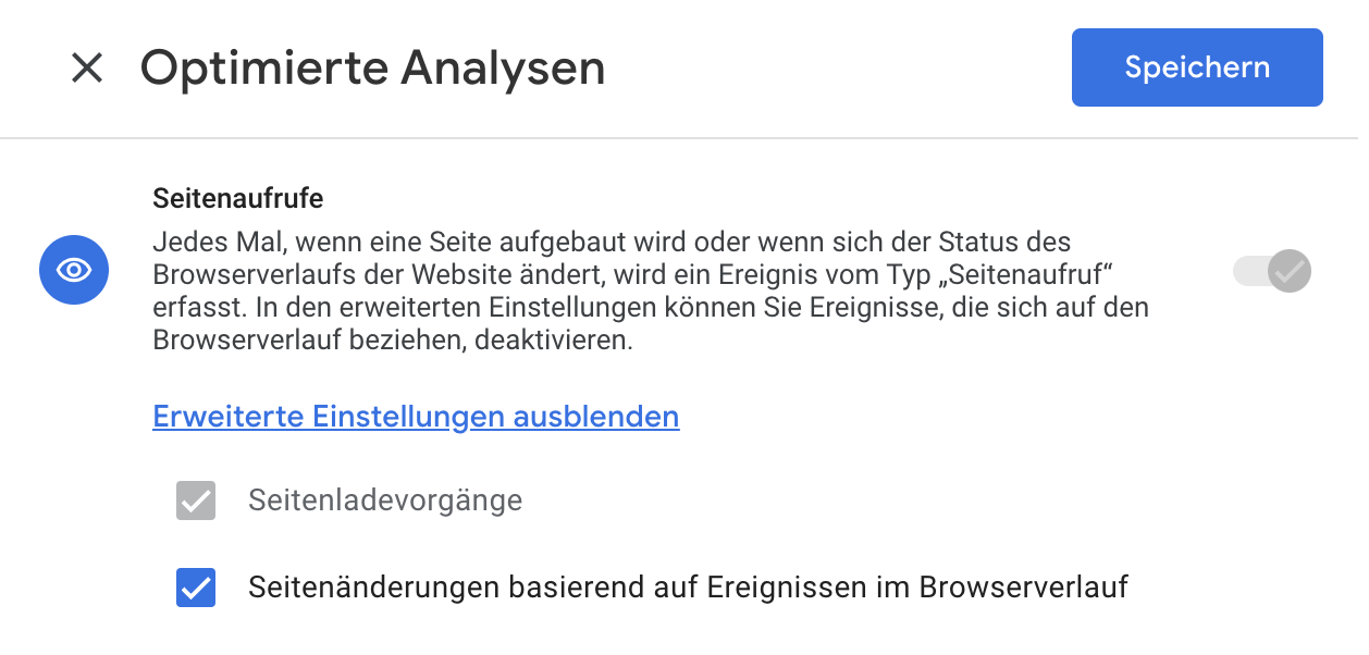 GA4-Einstellung für erweiterte Analysen: Option zum automatischen Tracking von Seitenänderungen im Browser-Verlauf
